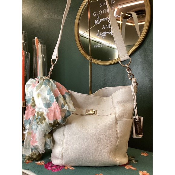 Calvin Klein Handbags - Calvin Klein White Pebbled Faux Leather with Scarf and Charm